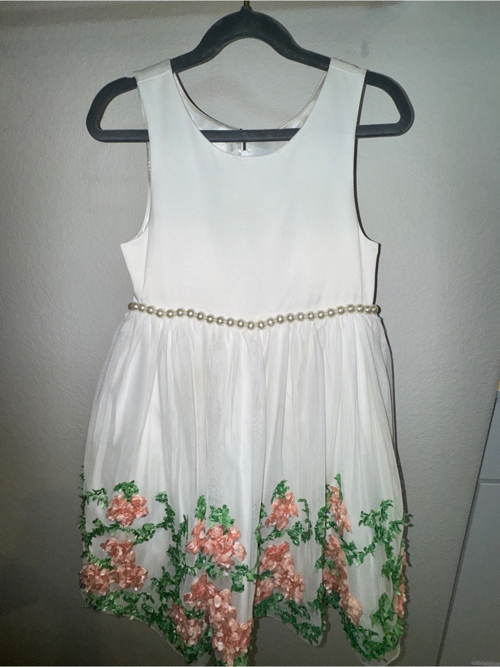 American Princess White Dress with Peach Floral Embroidery and Pearl Trim